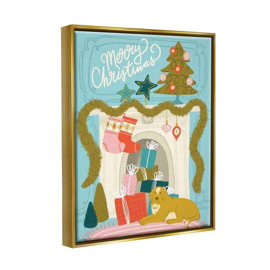 Stupell Industries Whimsical Fireplace Merry Christmas Framed Floater Canvas Wall Art